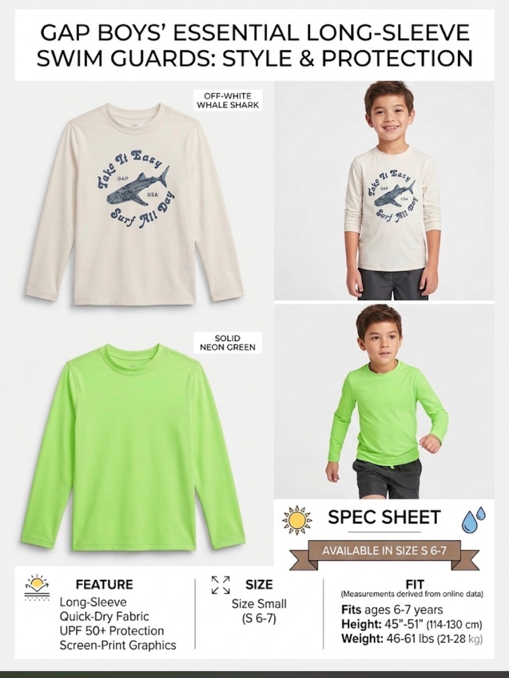 GAP Off-White Whale Shark & Neon Green Long-Sleeve Swim Tops